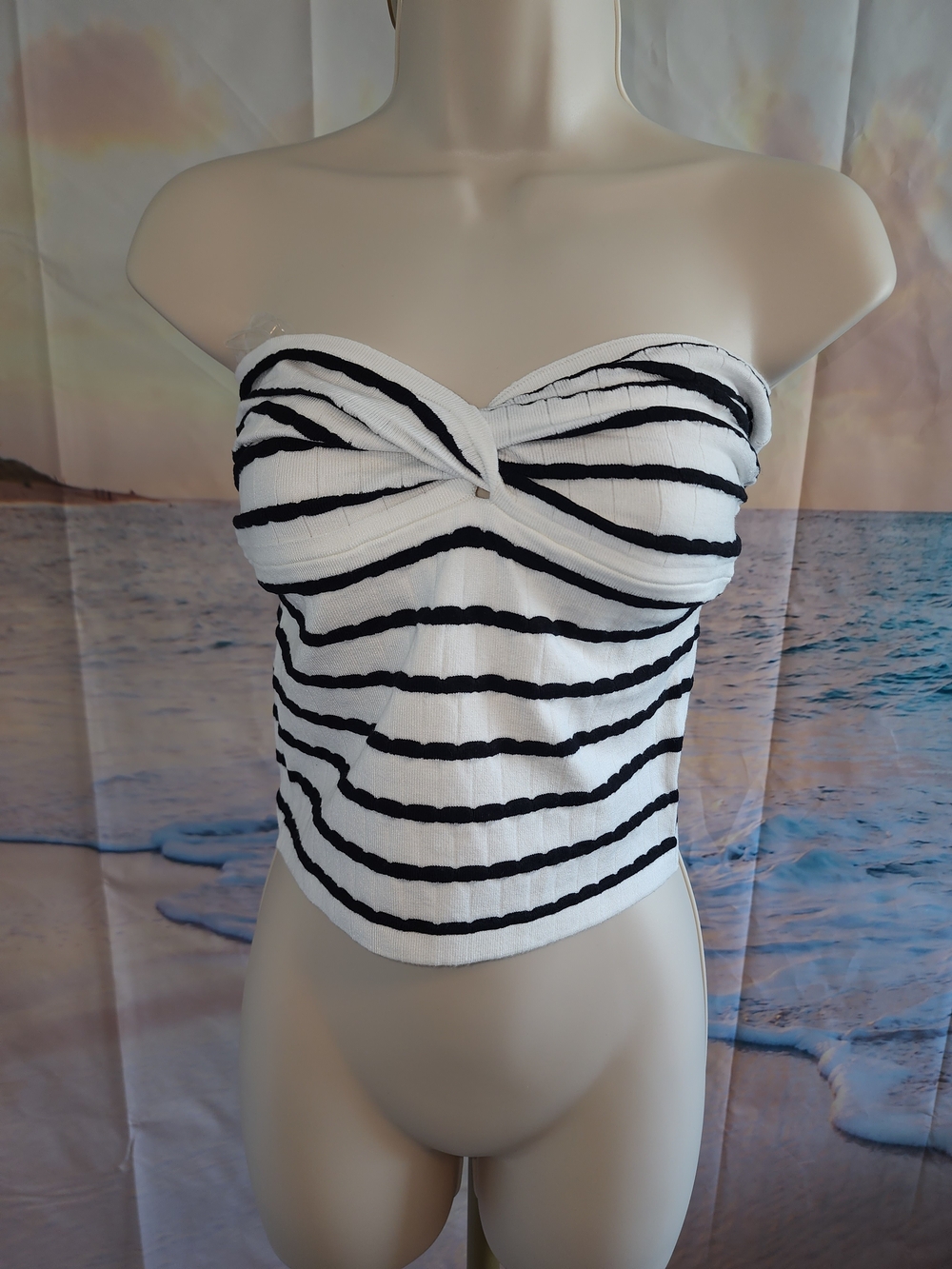 Zenana Striped Strapless Twist-Front Bustier Top - White & Black